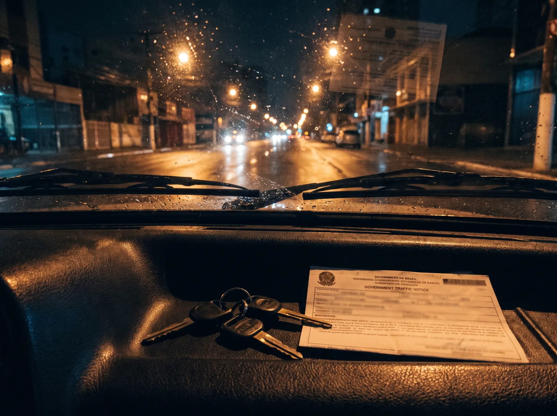 Chaves e notificação de trânsito no painel do carro à noite